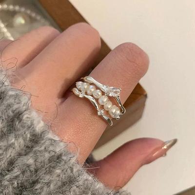 Light Luxury High-End Three-Layer Zircon Pearl Open Ring, Female Elegance, Personality, Fashion Trend, Versatile Ring Ring.