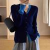 Casual Style Color Matching Fake Two-piece Knitted Cardigan Top Autumn New Slim-fit Age-reducing V-neck Inner Bottoming Shirt