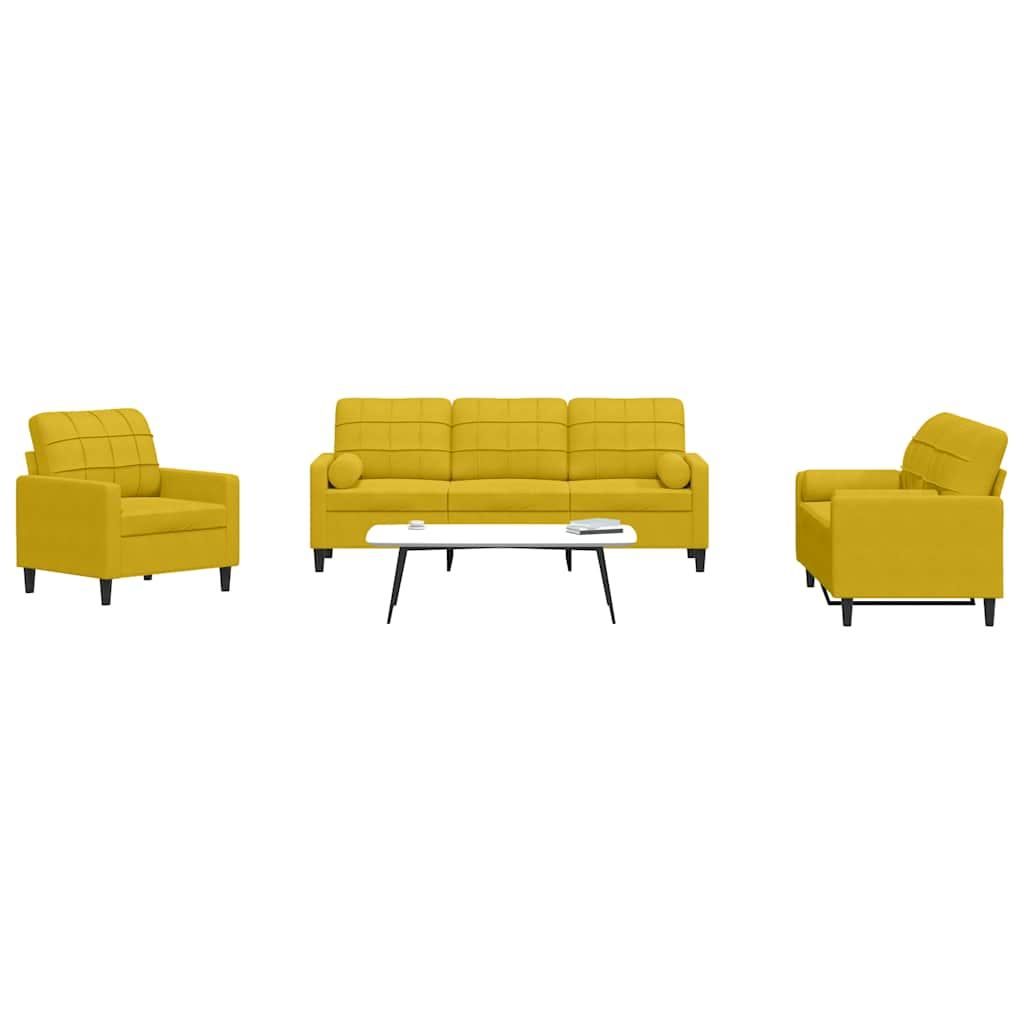 3 Piece Sofa Set with Cushions and Neck Rolls Yellow Velvet