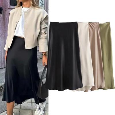 Schwarzer Satinrock Damen Hohe Taille Elegant Lange Röcke Für Damen Mode Sommer Midirock Büro Damenröcke