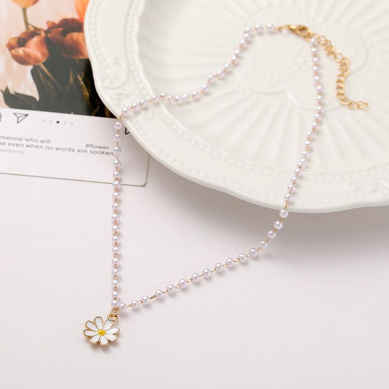 ins new pearl flower pendant necklace dripping oil chrysanthemum choker collarbone chain temperament versatile woman