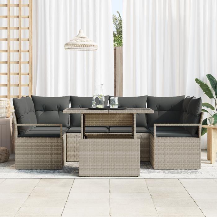 Set de Canapé de Jardin vidaXL 7 Pièces avec Coussins en Rattan Clair, Canapé de Jardin 2 Places vidaXL avec Rangement 3357495