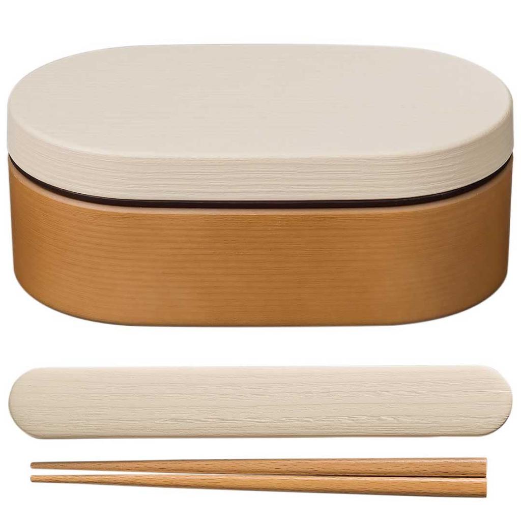 Showa Bento Box, Non-Stick Wood Grain Resin, Oval Bento Set with Chopsticks and Chopstick Case, White, Clean Coat, Microwave and Dishwasher Safe,
