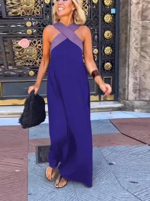 2026 Cross-Border European American Fashion Patchwork Strapless Halterneck Vacation Dress