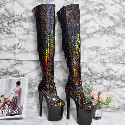 20CM Stiletto Laser Luipaardprint Over-de-Knie Platform Laarzen - Sexy Runway Model Fetish Club Hoge Hakken