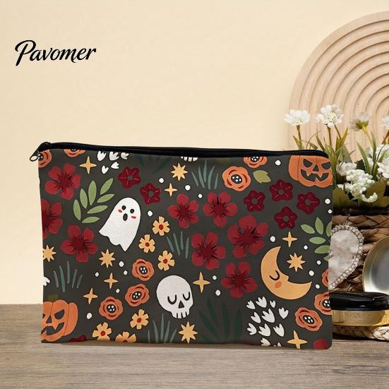 Waterproof Canvas Bag Storage Bag, with Halloween Pattern Printed, Smooth Zipper Themed Organizer Makeup Large Capacity Travel Cosmetic Pouch
