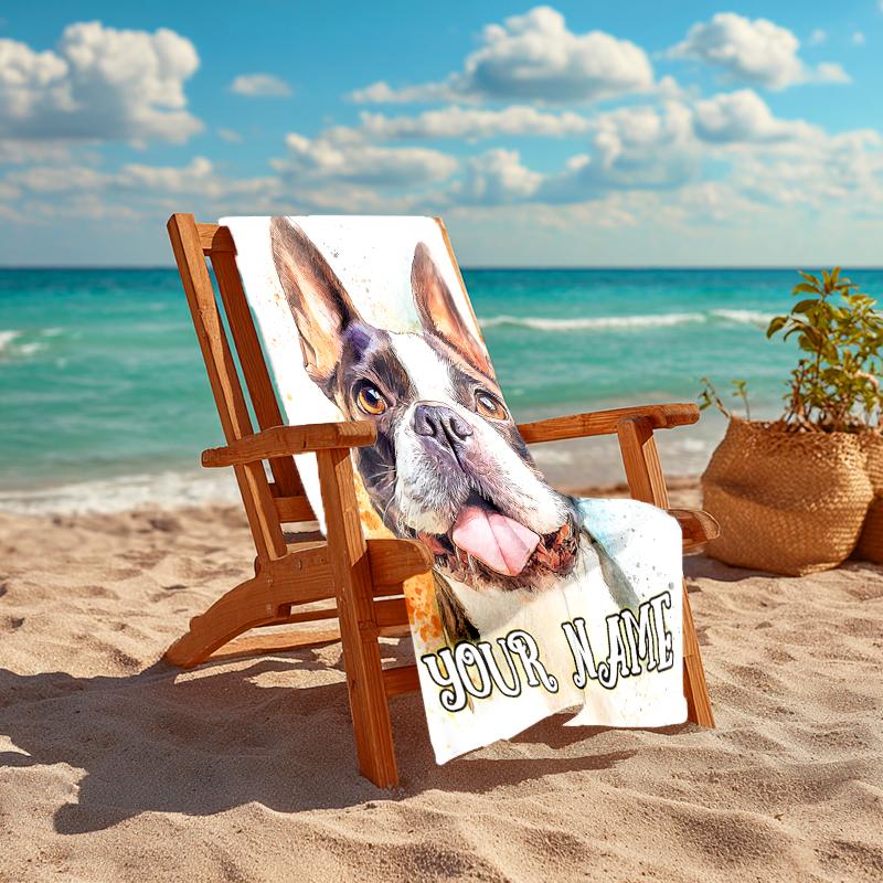 1PC Custom Name Pet Portrait Beach Towel Highly Absorbent And Sand-Resistant Towel for Swimming, Pool, Yoga, And Travel Lightweight