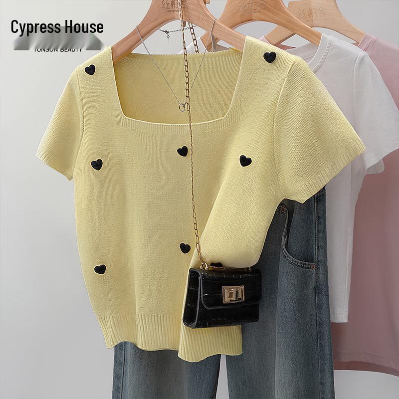 Women s Square Neck Short-Sleeve Knit Top with Heart Pattern One Size