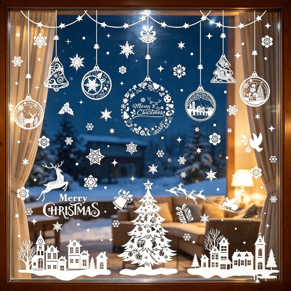 2pcs Christmas Removable Self-Adhesive Window Wall Stickers Set Holiday Home Decor Decals for Living Room Bedroom Porch Entryway