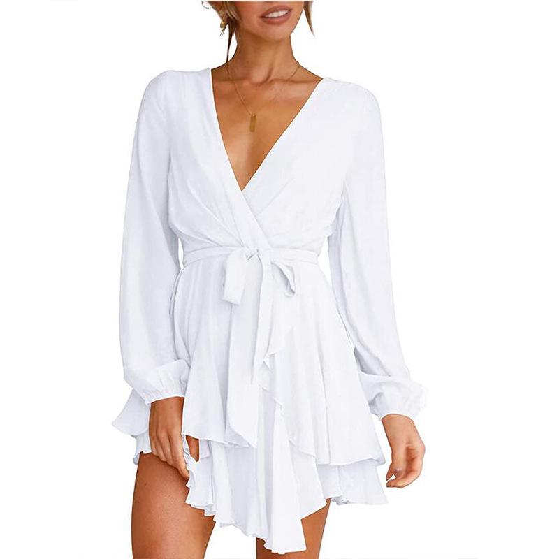 Europäisches & Amerikanisches Damen V-Ausschnitt High-Waist Langarm A-Linien Kleid – Einfarbig, Slim Fit, Casual Stil