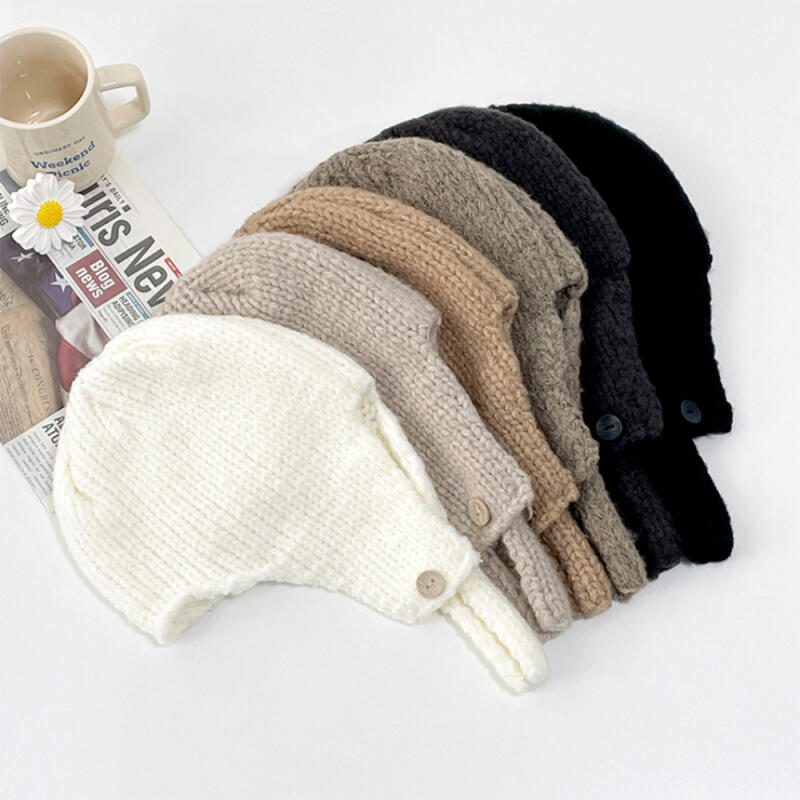 Women s Wool Beanie Earflap Button-Up Knit Hat C6678_Jinbeiji