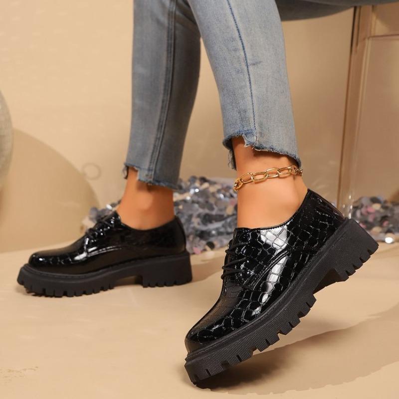Fashion Women's Solid Color Chunky Platform Oxfords Fashion Lace Up Patent Leather Shoes Woman Round Toe Black Loafers Shoes Plus Size