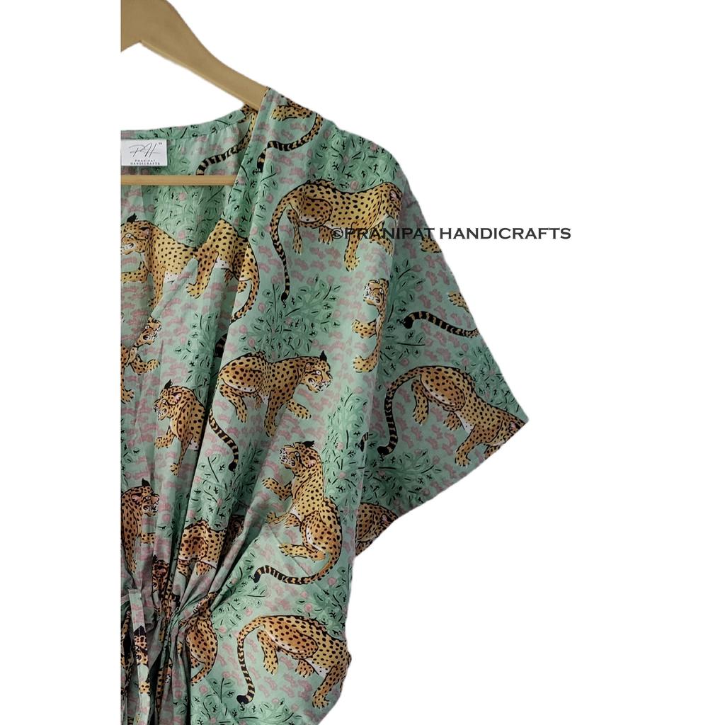Indian Mint Green Bagheera Tiger Print Cotton Maxi Women Nightwear Caftan Dress CKFTN-SCRN-FULL-BUYIT-013