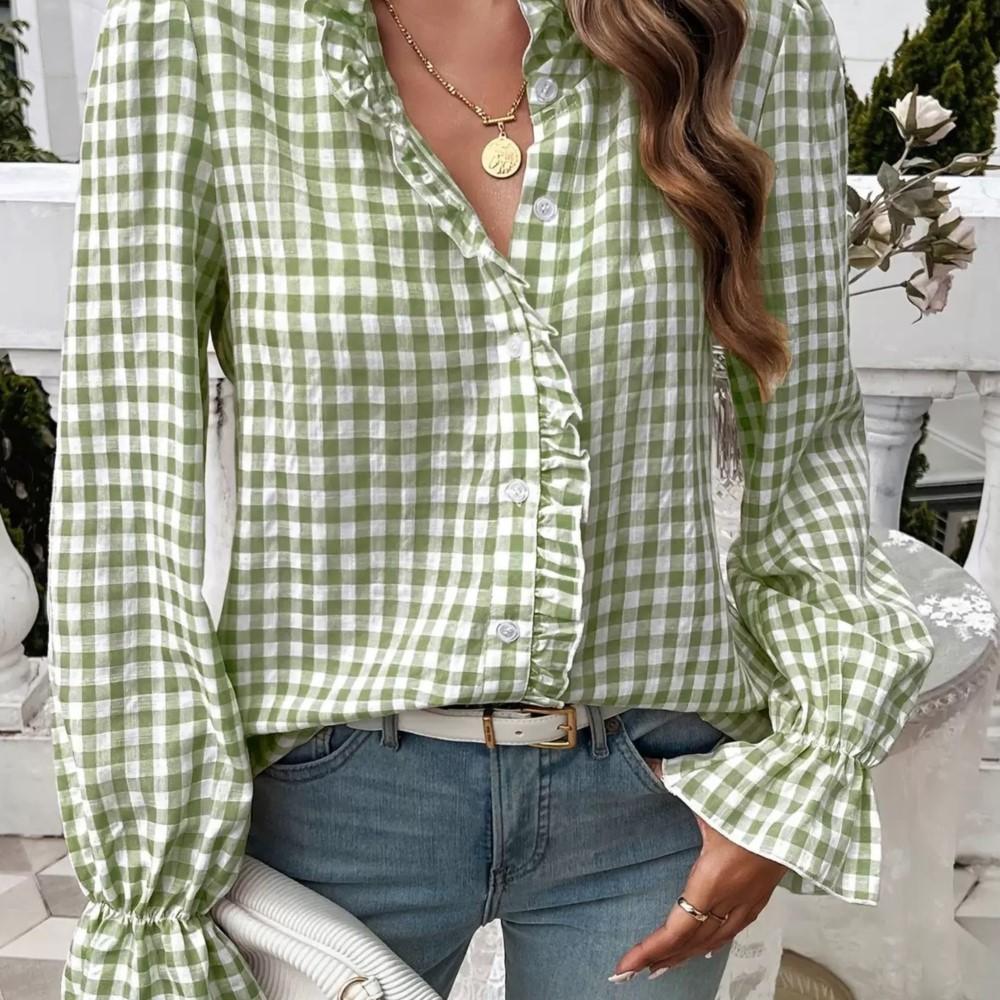 Fungus Edge Stand Collar Plaid Long-sleeved Shirt Women Spring Summer Casual Loose Single-breasted Female Versatile Shirt Tops
