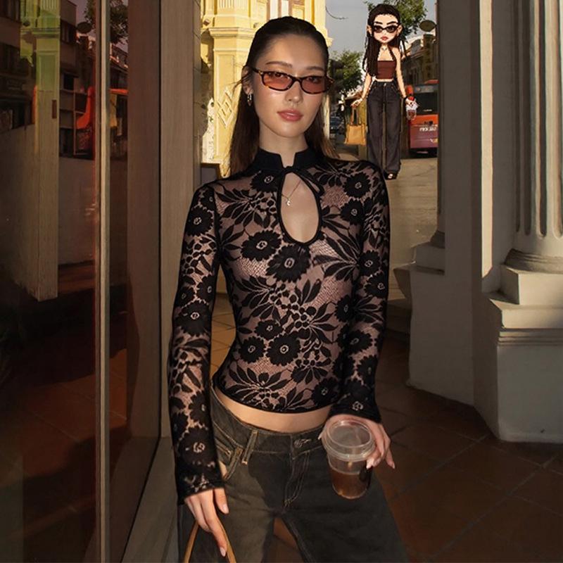 European & American Women's Sexy Lace See-through Long-Sleeve Top - Spring/Summer Fashion