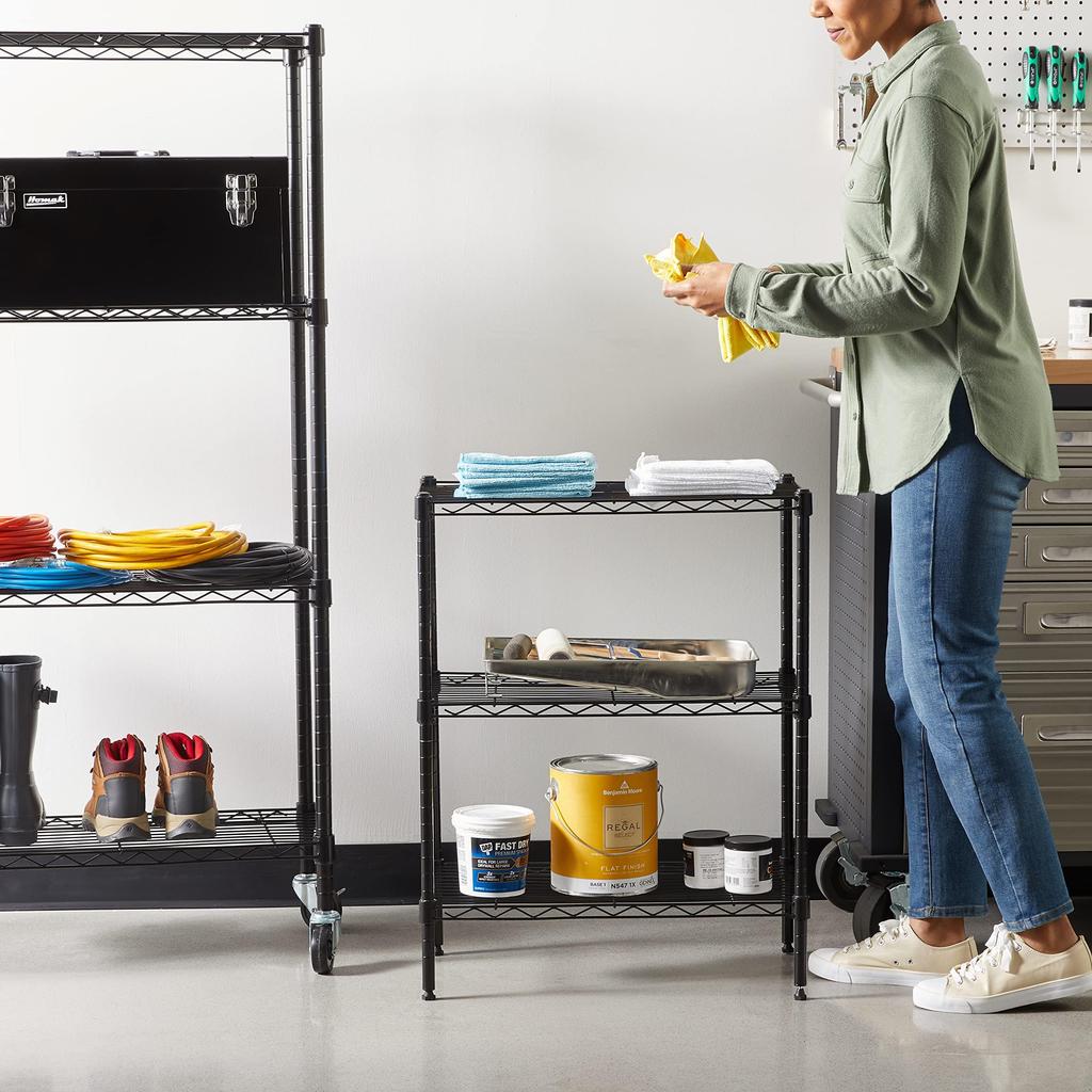 Amazon Basics 3-Tier Steel Shelf, Metal Rack, 340kg Load Capacity, 58.9cm Wide x 34cm Deep x 76.2cm High, Black