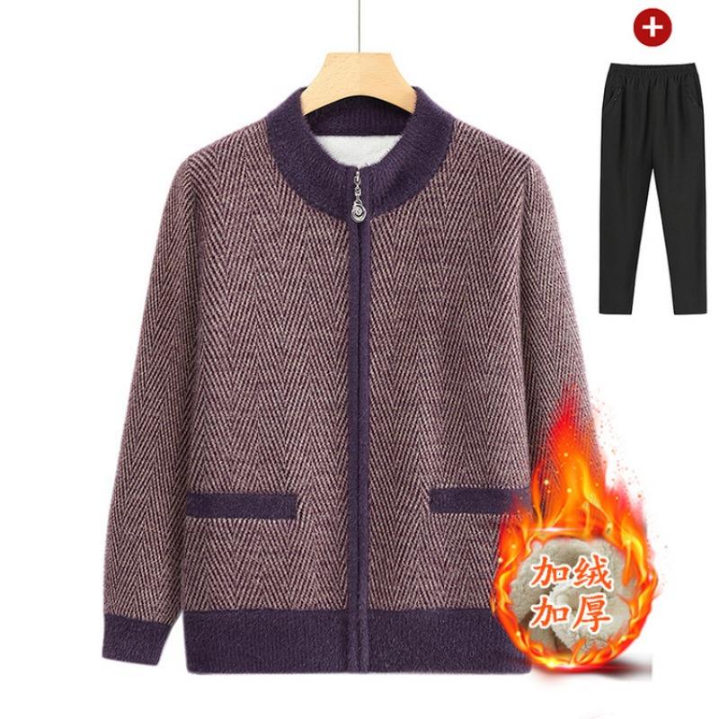 Grandma Sweater Cardigan Mom Knitted Sweater Old Lady Clothes Women's Medium Elderly Loose Casual Crew Neck Jacket