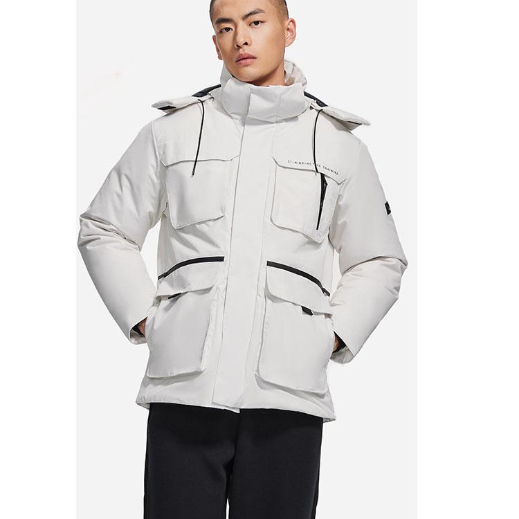 Li Ning Training Series Solid Color Multi Pocket Workwear Detachable Hooded Down Jacket Men Outerwear Champagne-White AYMS311-1