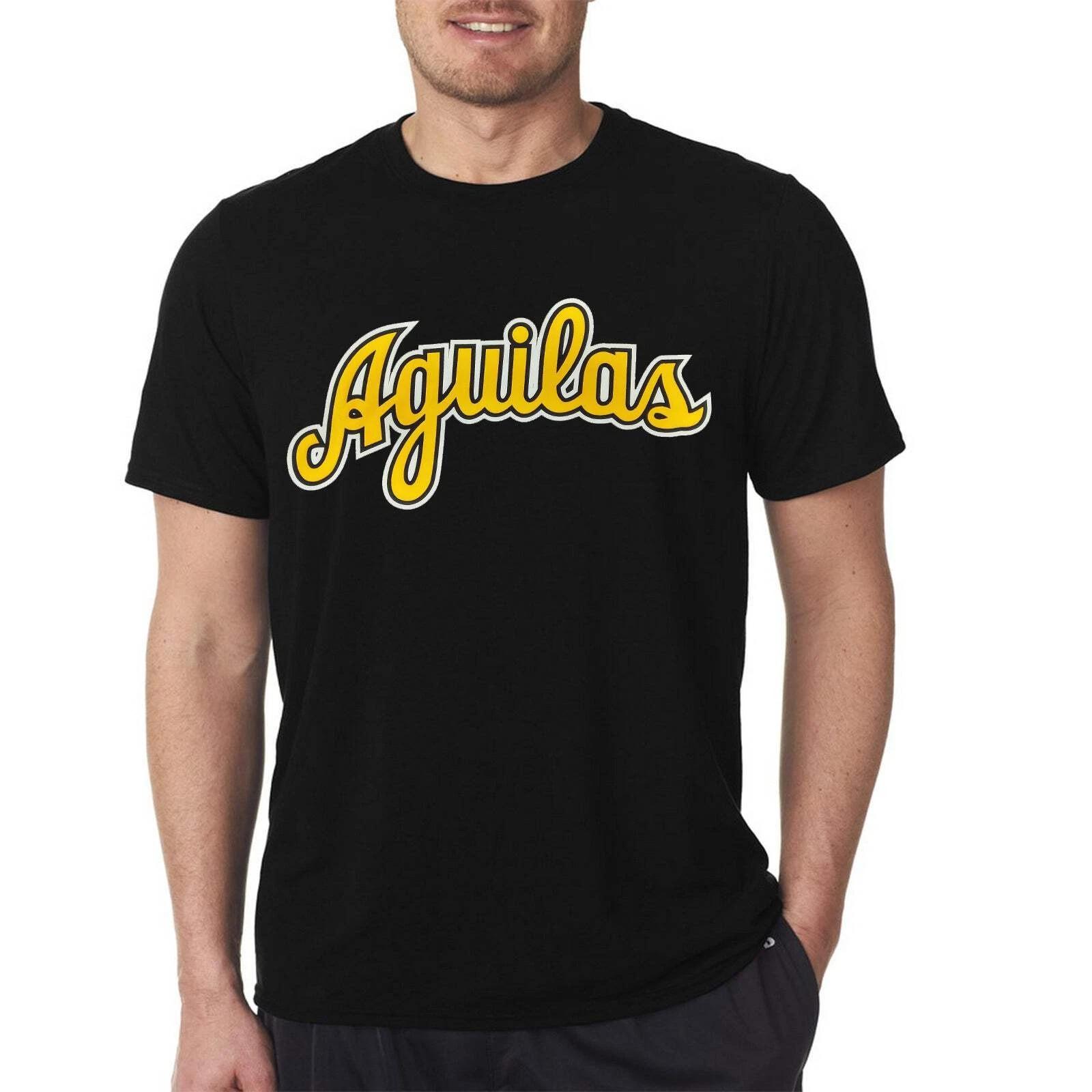 Aguilas Black T shirts with YELLOW-WHITE cursive letters M