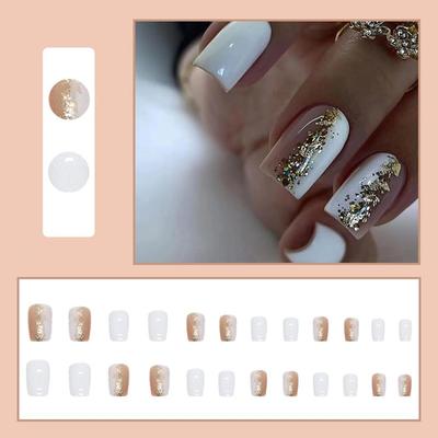 S.A.V.I 24 Pièces Ongles Press-On Longueur Moyenne Nude & Blanc avec Paillettes | Kit d'Ongles Faux Carrés pour Nail Art DIY | Aspect Naturel, Ajustement Confortable | Pe