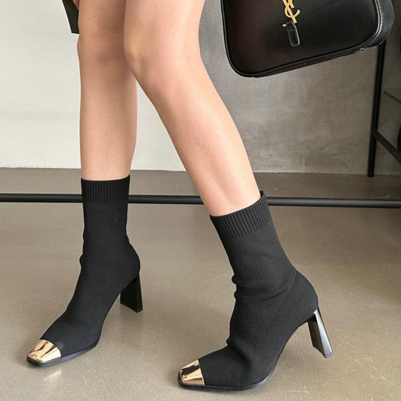Fashion French Temperament Elastic Socks Boots For Women 2024 Autumn/Winter High Heel Thick Heel Everything Single Boot Slim Ankle Boots