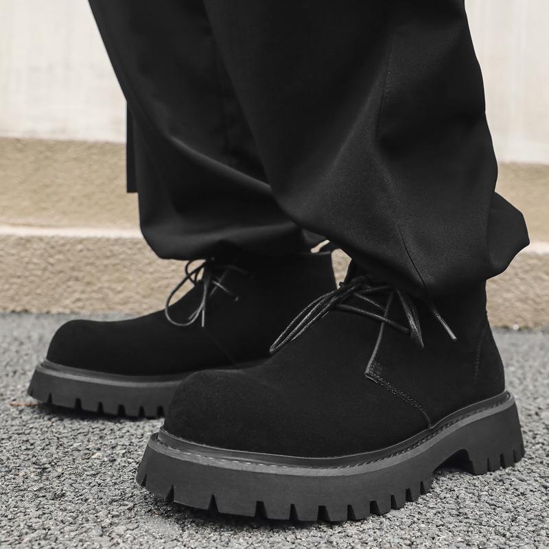 Mens Casual Cowboy Desert Boots Lace-up Cow Suede Leather Shoes Outdoors Platform Ankle Boot Street Style Chunky Short Botas Man