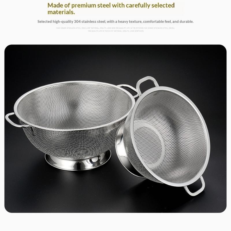Stainless Steel Colander With Double Handle Food Pasta Strainer Basket With Self-Draining Solid Ring Base Fine Mesh Filter