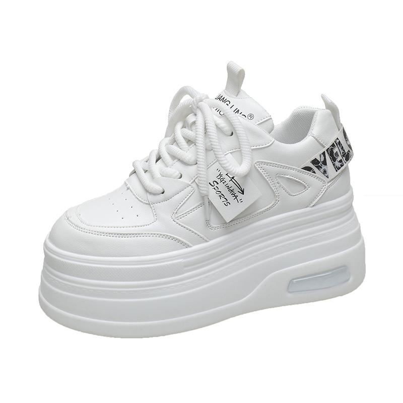 Chunky Leather Women Casual Shoes White Black 8CM High Platform Wedge Heels Sneakers Female Women Spring Autumn Skateboard Shoes
