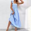 Lässiges A-Linien-Kleid Damen Einfarbig Ärmellos Hohe Taille Knöchellang Eckiger Ausschnitt Herbst Winter