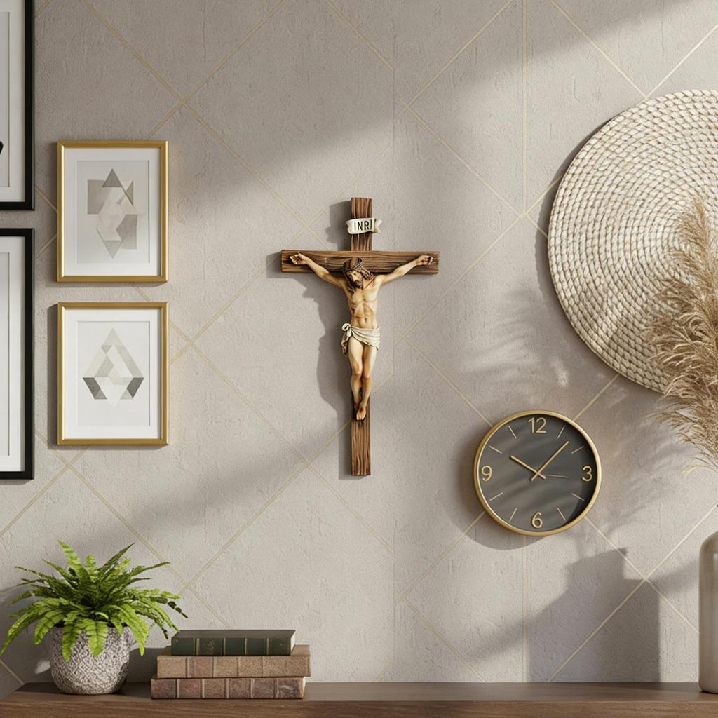 Náboženský kříž Ježíše Krista Krucifix socha pro křesťanské domácí dekorace Svatý katolický figurka řemesla Nástěnná závěsná ozdoba