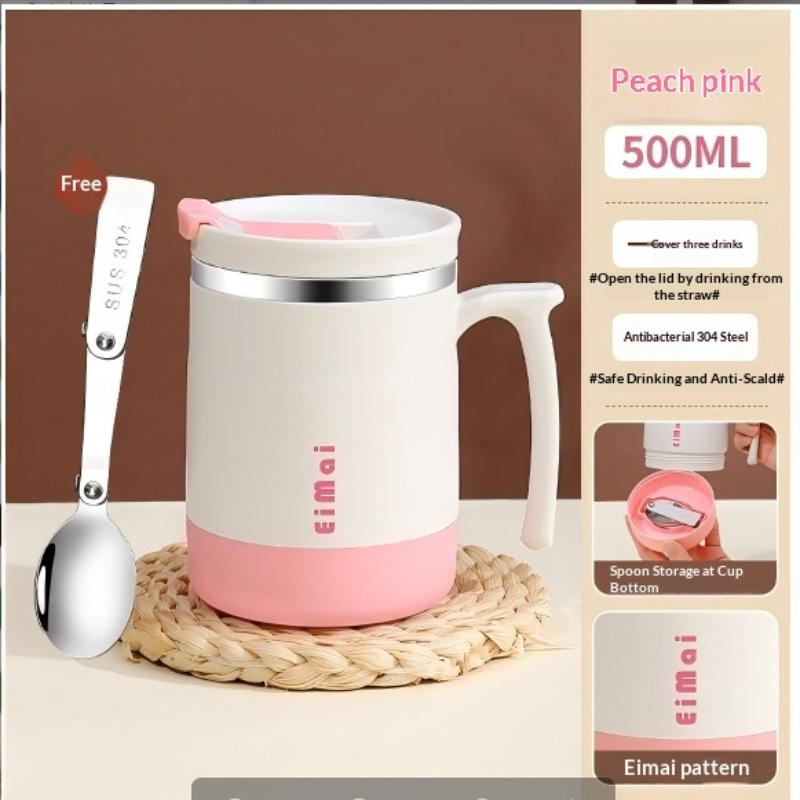 1Pcs Double Wall Thermal Coffee Mug Stainless Steel With Spoon Cold Water Drinks Metal Tumble 500ml