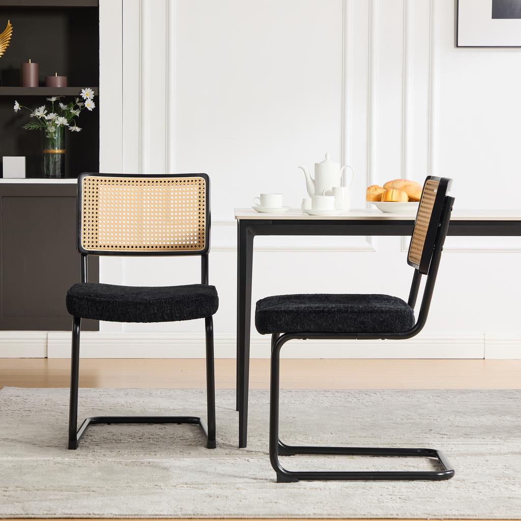 Modern Rattan Dining Chair with Black Metal Frame, Synthetic Cane Back & Chenille Seat Cushion for Kitchen, Living Room, Bedroom-Black