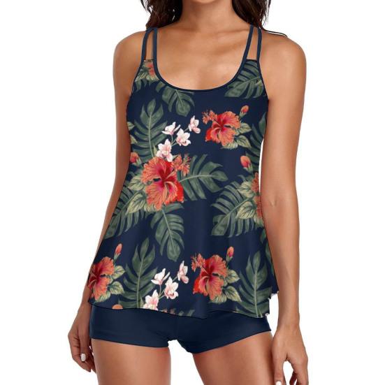 2Pcs/Set U-neck Sleeveless High Waist Lady Swimsuit Flower Leaves Print Top Tummy