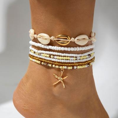Accessories, Bohemian Beach Wind Beaded Anklets, Shell Starfish Multi-layer Rice Beaded Anklets Wholesale