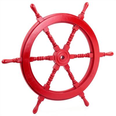 Roue de navire nautique en bois fabriquée à la main - Décoration murale pour la maison (16 pouces, Rouge)