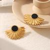 French Obsidian Fan-shaped Sunflower Stainless Steel Earrings High-End Titanium Studs