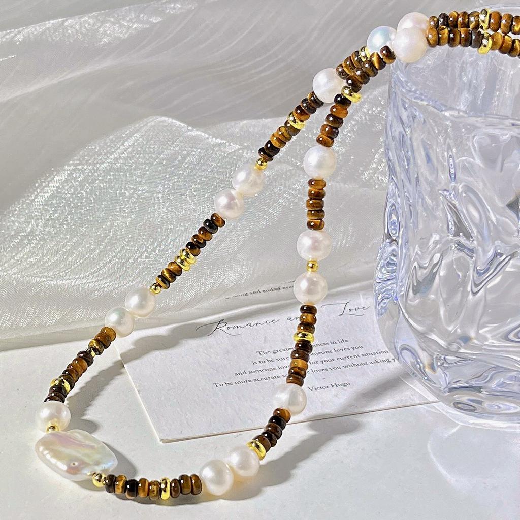 Autumn And Winter Merad Wind Natural Tiger'S Eye Stone Freshwater Baroque Pearl Collarbone Chain Necklace