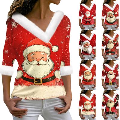 Women's T Shirt Tee Christmas Shirt Long Sleeve Party Christmas Print Fleece Collar V Neck Top
