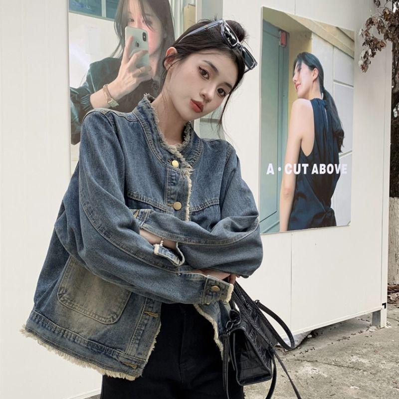 Early Autumn Hong Kong Style Retro Raw Edge Denim Jacket: Loose & Slimming M (Recommended 95-110)