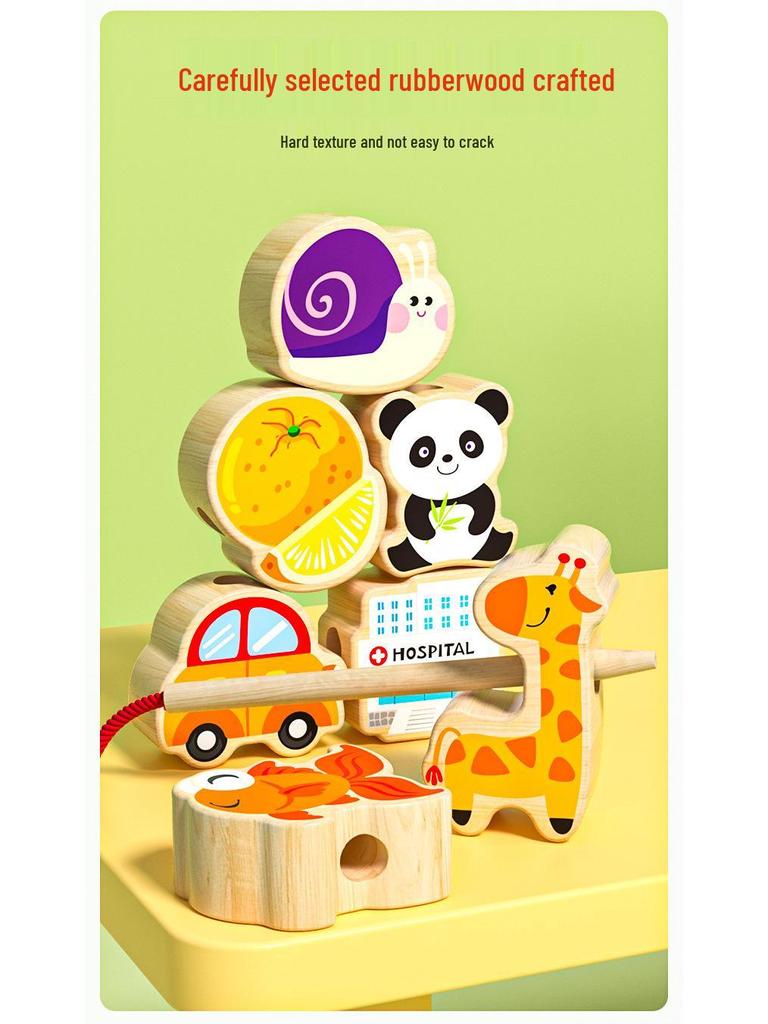 Wooden Animal & Fruit Beaded Blocks Educational Toy for 3-Year-Olds