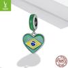 S925 Silver Brazilian Flag Heart Pendant with Green Enamel Drip