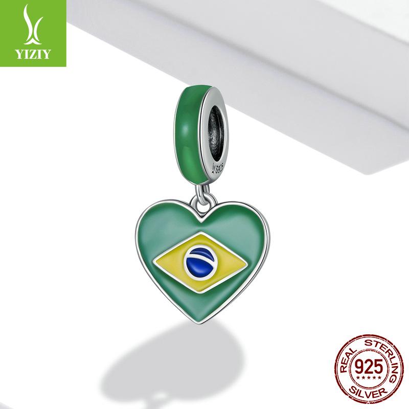 S925 Silver Brazilian Flag Heart Pendant with Green Enamel Drip