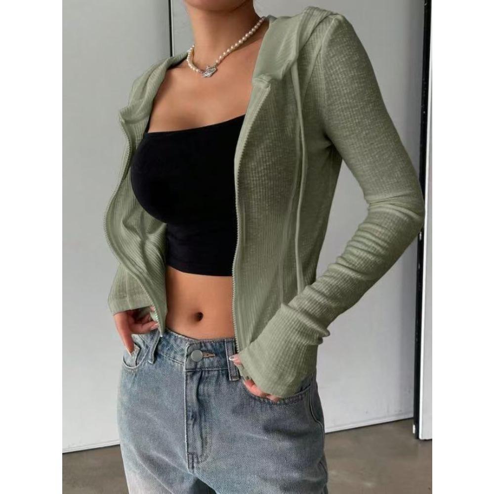 Módní dámská žebrovaná mikina s kapucí, Cropped top na zip s dlouhým rukávem, Univerzální ležérní top pro letní a jarní denní outfity