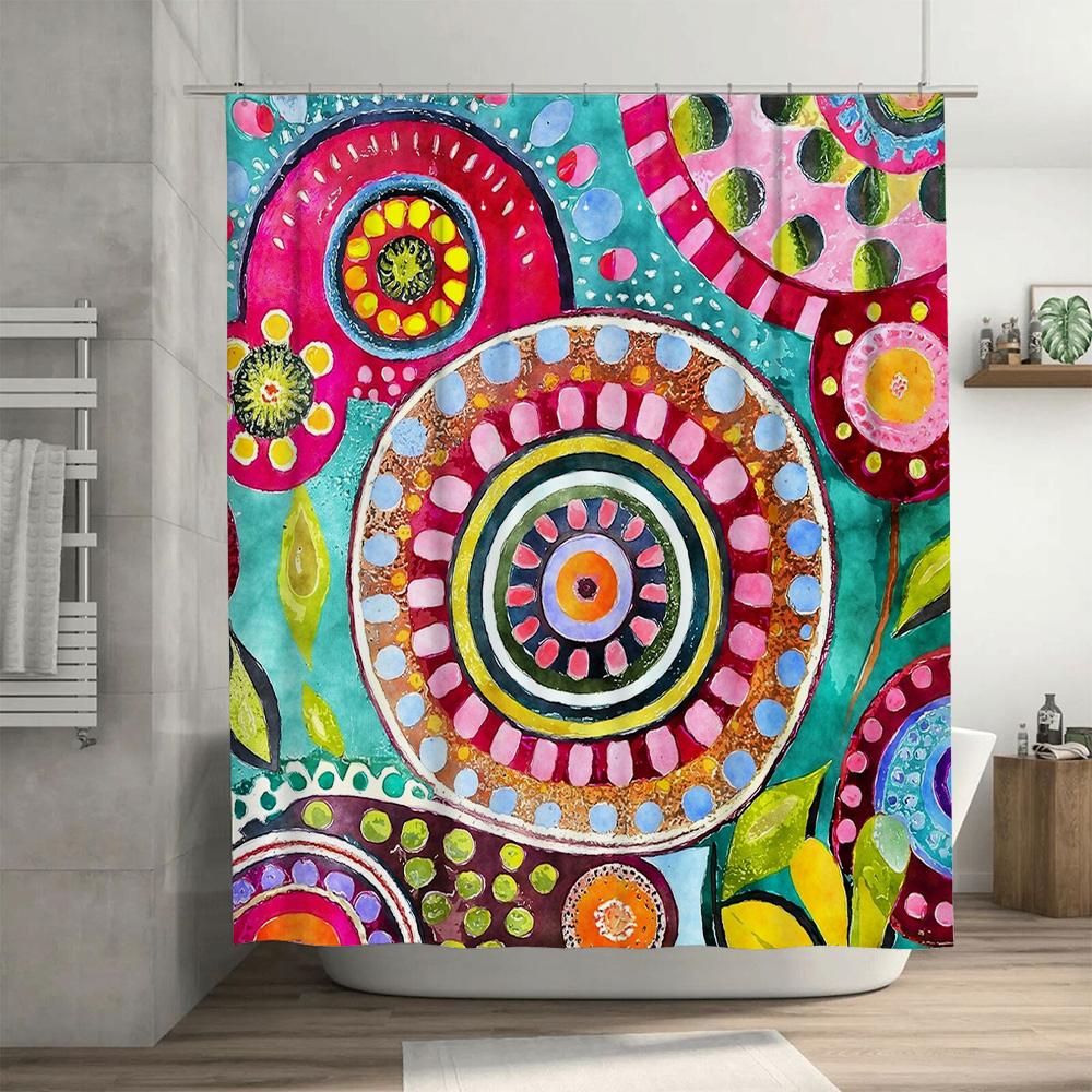 Bright Abstract Shower Curtain Bath Decor with Floral Circle Patterns in Pink, Blue, Yellow Green Colors Size 72 x 84 Inches (1
