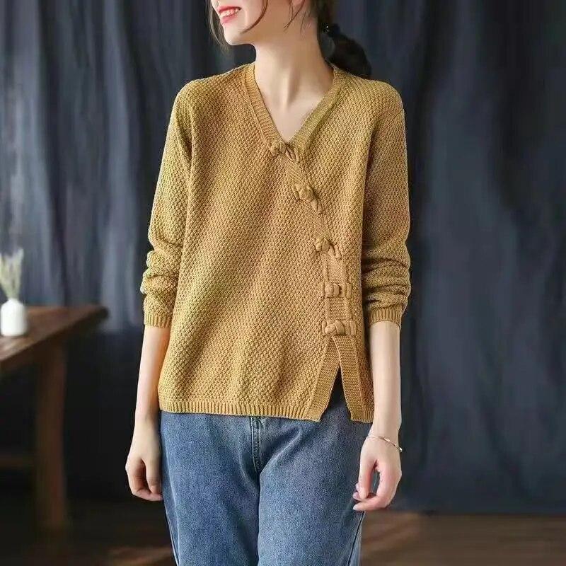 Herbst Winter Literarischen Vintage Tasten V-ausschnitt Pullover Damen Lose Beiläufige Stricken Pullover Top Frauen Alle-spiel Jumper Outwear