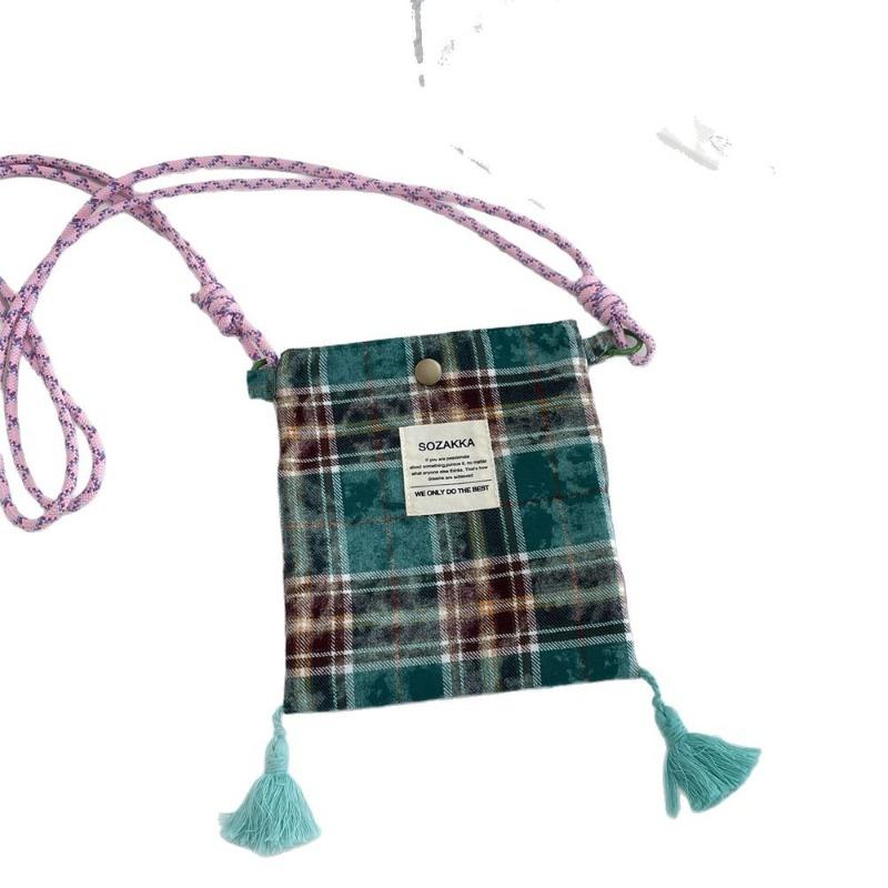 3 Niche Tassel Mobile Phone Bag Spring and Summer New Shoulder Messenger Bag Fan Walking Bag Retro Plaid Bag