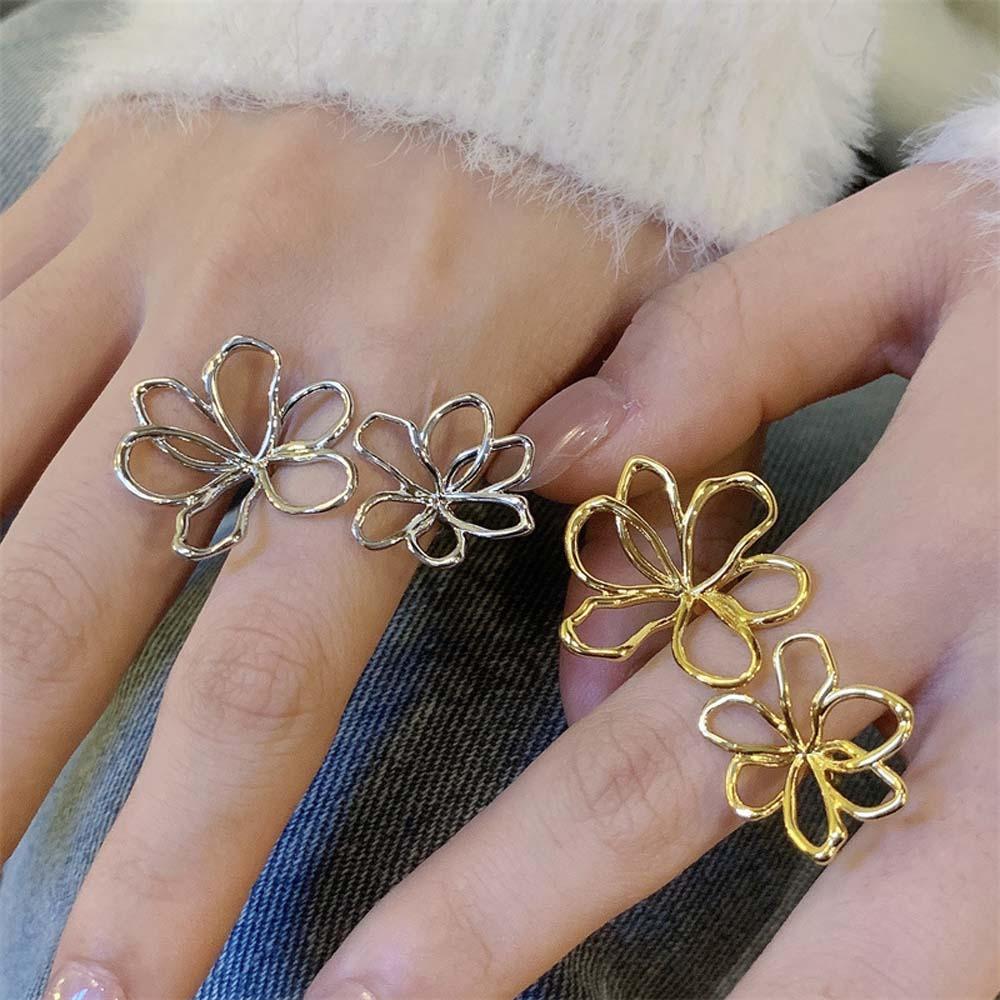 Exaggerated Golden Flower Ring Irregular Open Hollow Out Ring Silver Sunflower Finger Circle  Girls