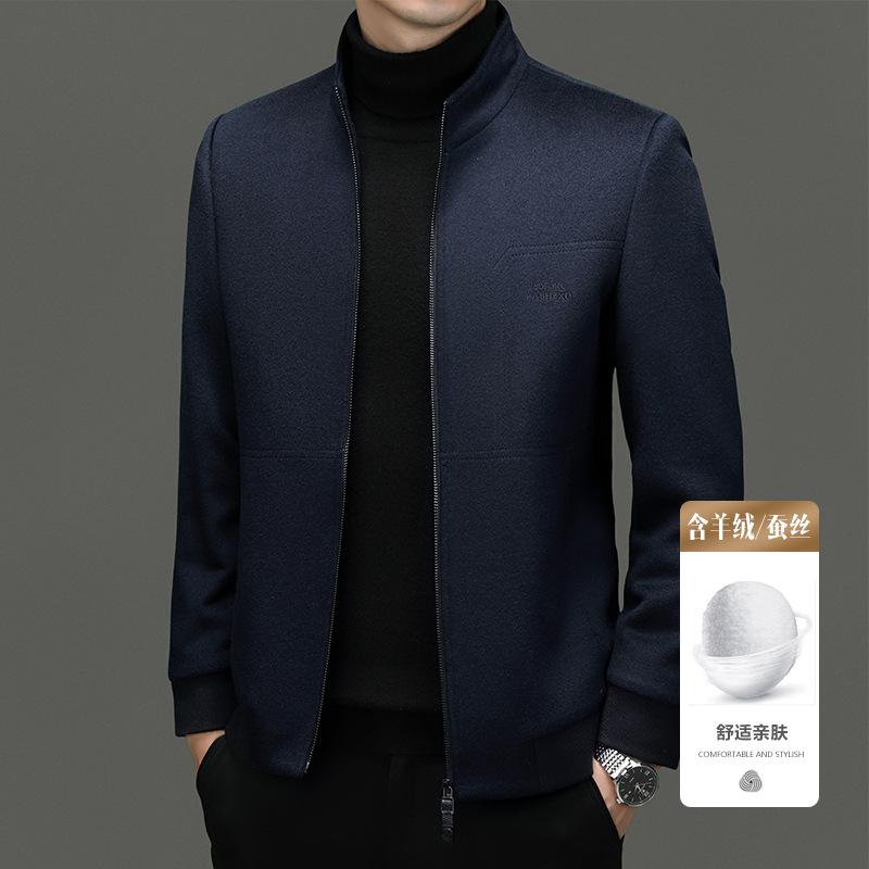 High-end 80.2% Wool + 10.5% Cashmere + 9.3% Mulberry Silk Men's Casual Business Zipper Stand-up Collar Jacket