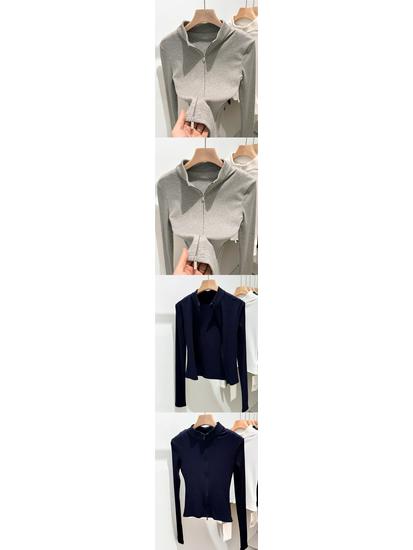 Women's Slim-Fit Cropped Long-Sleeve Zipper Cardigan with Stand-Up Collar - 2025 Spring Arrival for Petites