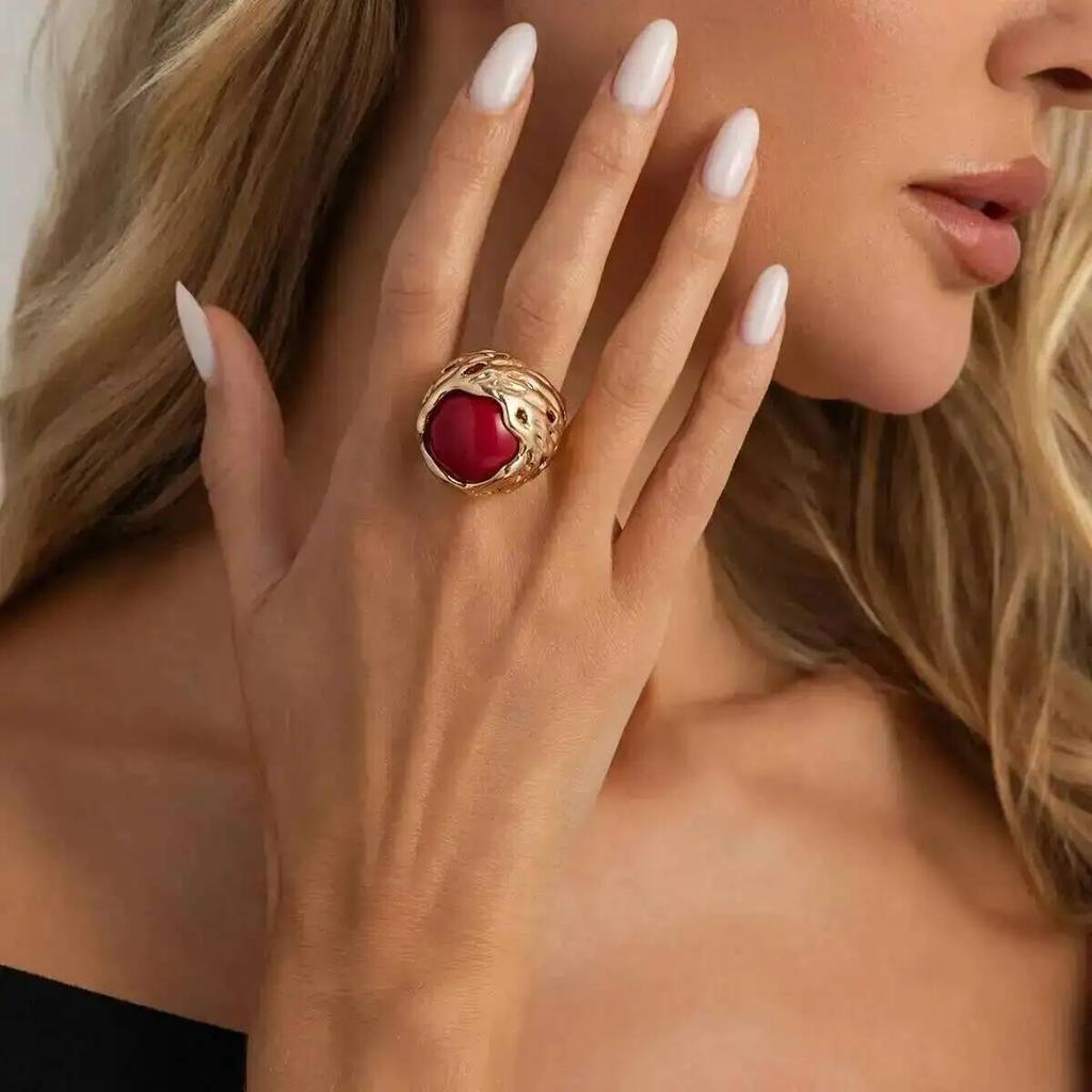 SHIXIN Vintage Hyperbole Irregular Metal  Inlaid Resin Thick Textured Round Rings Women Trendy Finger Aesthetics Jewelry Gifts